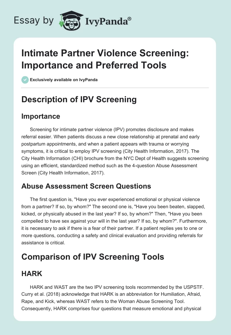 Intimate Partner Violence Screening: Importance and Preferred Tools. Page 1