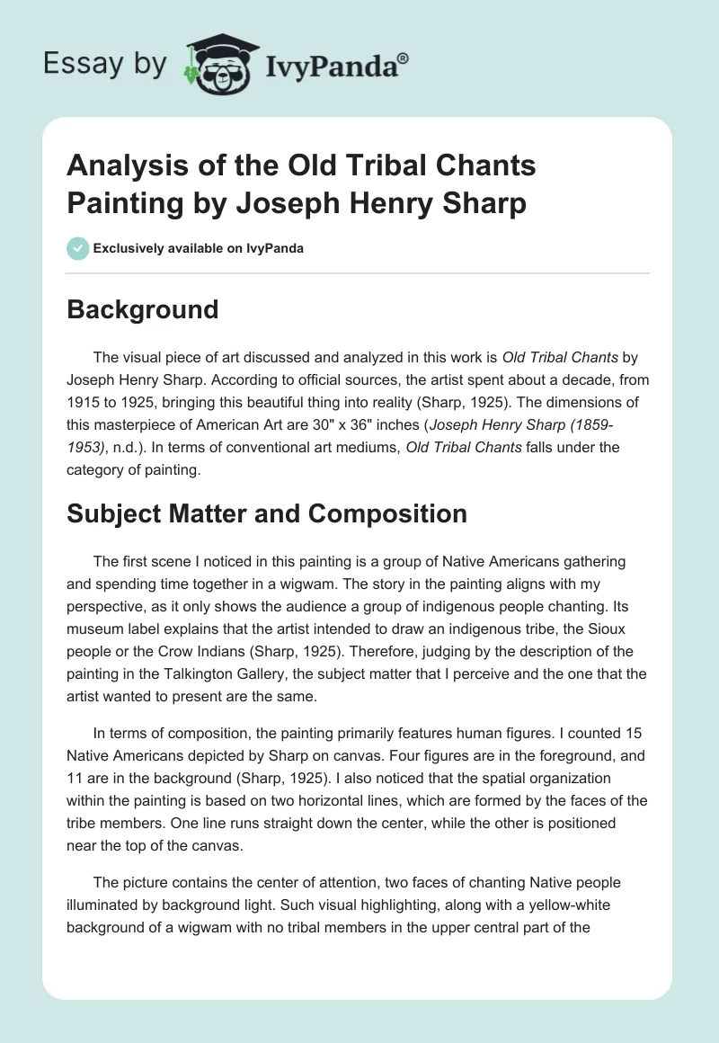 Analysis of the "Old Tribal Chants" Painting by Joseph Henry Sharp. Page 1