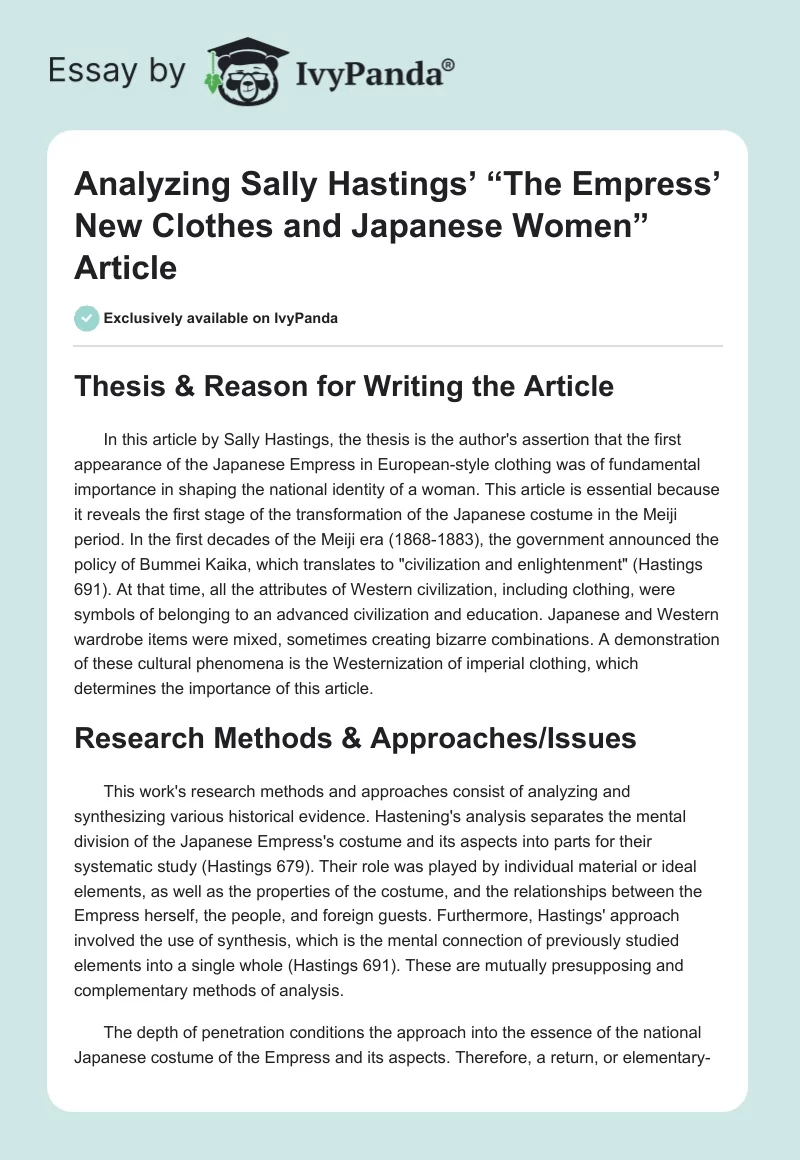 Analyzing Sally Hastings’ “The Empress’ New Clothes and Japanese Women” Article. Page 1