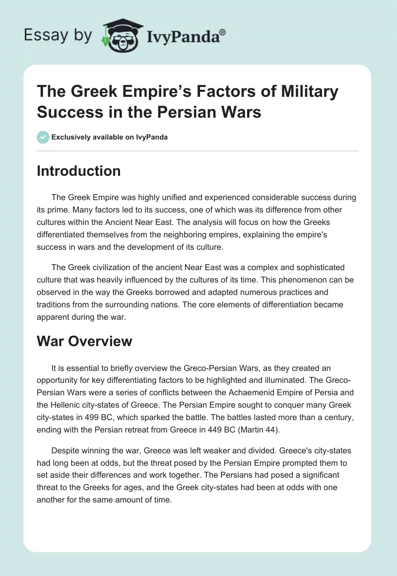 The Greek Empire’s Factors of Military Success in the Persian Wars. Page 1
