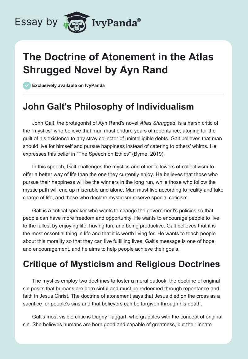 The Doctrine of Atonement in the "Atlas Shrugged" Novel by Ayn Rand. Page 1