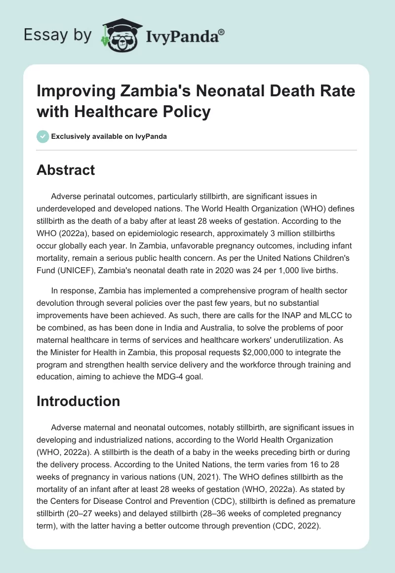Improving Zambia's Neonatal Death Rate with Healthcare Policy. Page 1
