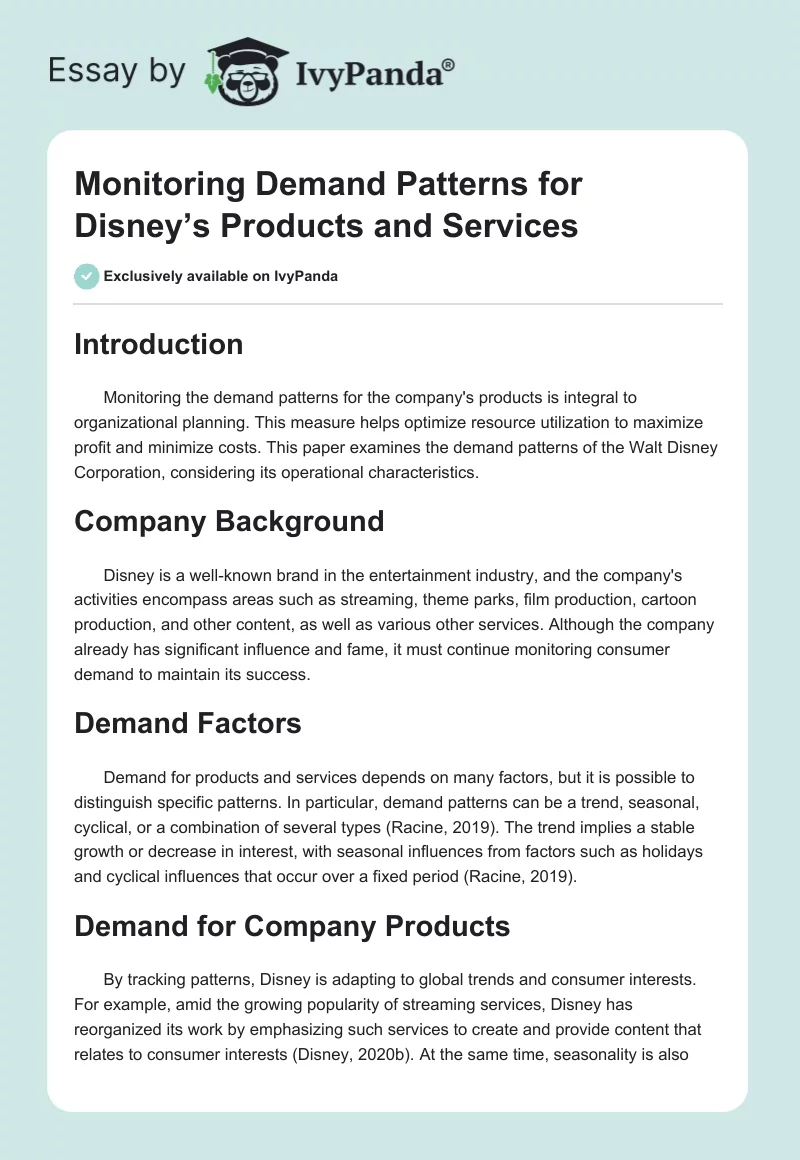 Monitoring Demand Patterns for Disney’s Products and Services. Page 1