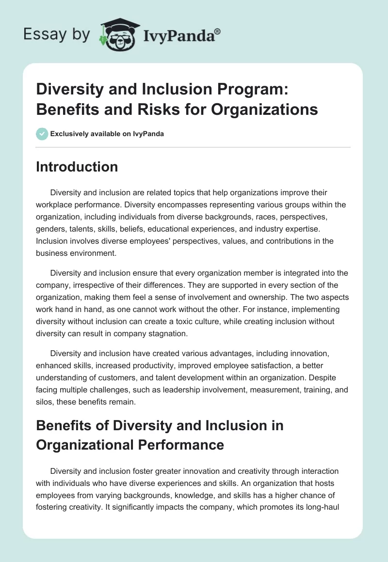 Diversity and Inclusion Program: Benefits and Risks for Organizations. Page 1