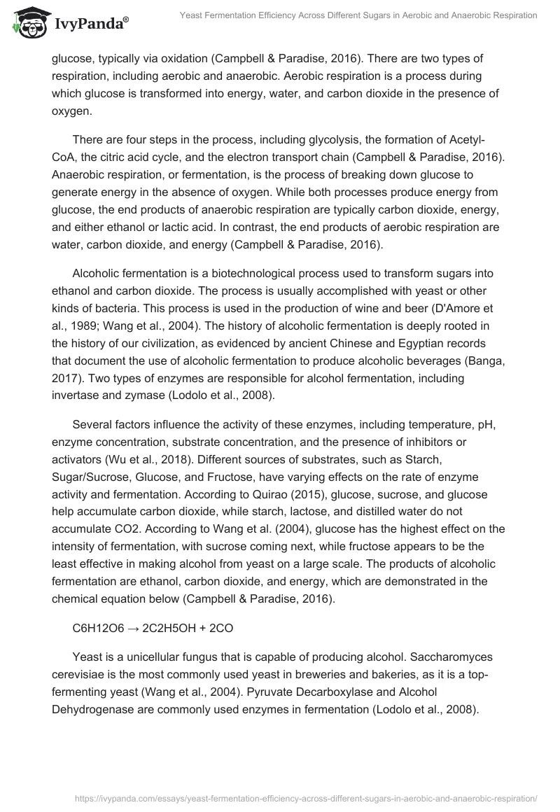 Yeast Fermentation Efficiency Across Different Sugars in Aerobic and Anaerobic Respiration. Page 2