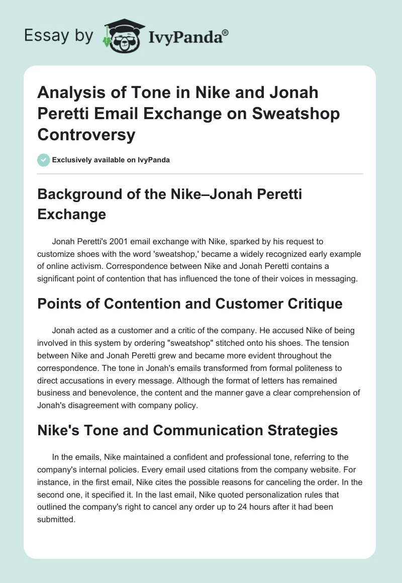 Analysis of Tone in Nike and Jonah Peretti Email Exchange on Sweatshop Controversy. Page 1