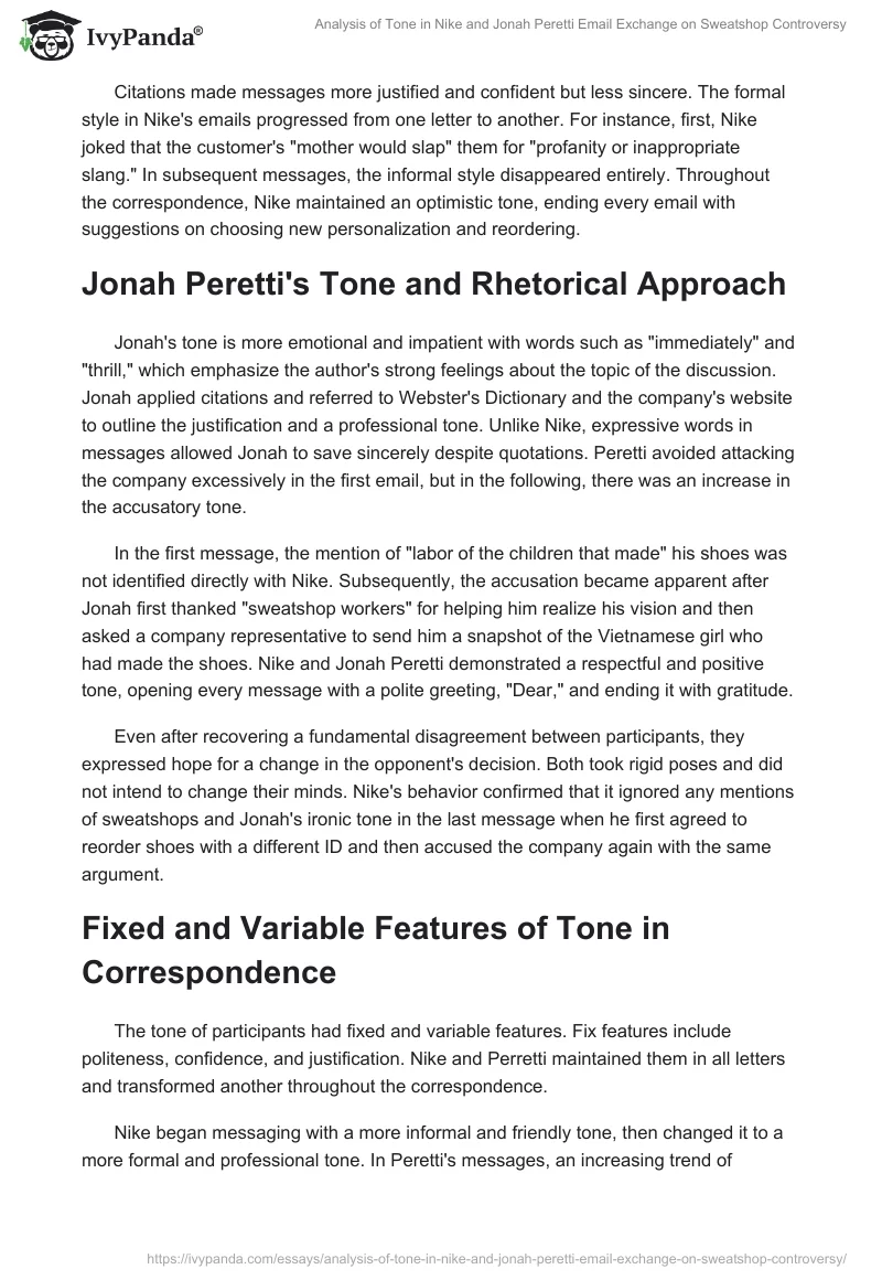 Analysis of Tone in Nike and Jonah Peretti Email Exchange on Sweatshop Controversy. Page 2