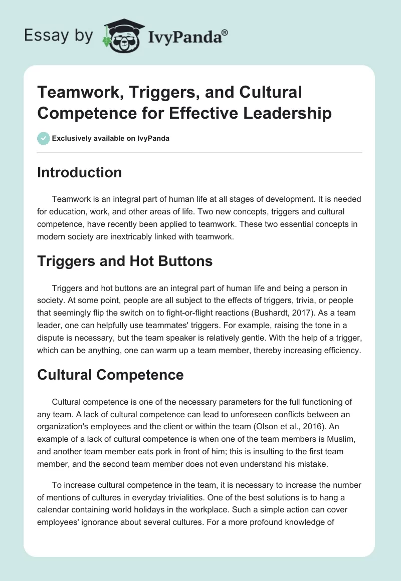 Teamwork, Triggers, and Cultural Competence for Effective Leadership. Page 1