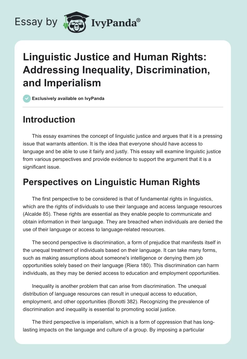 Linguistic Justice and Human Rights: Addressing Inequality, Discrimination, and Imperialism. Page 1