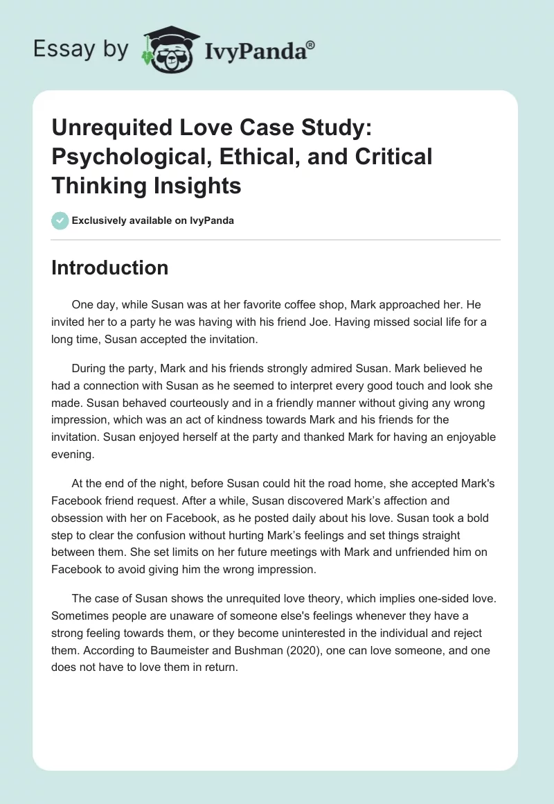 Unrequited Love Case Study: Psychological, Ethical, and Critical Thinking Insights. Page 1