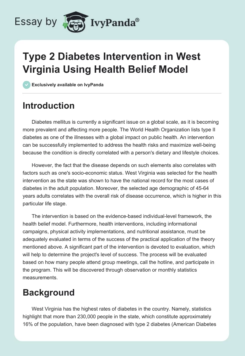 Type 2 Diabetes Intervention in West Virginia Using Health Belief Model. Page 1