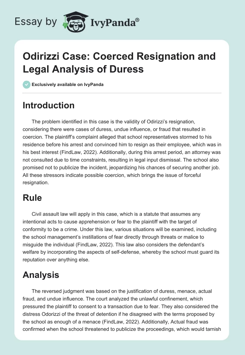Odirizzi Case: Coerced Resignation and Legal Analysis of Duress. Page 1