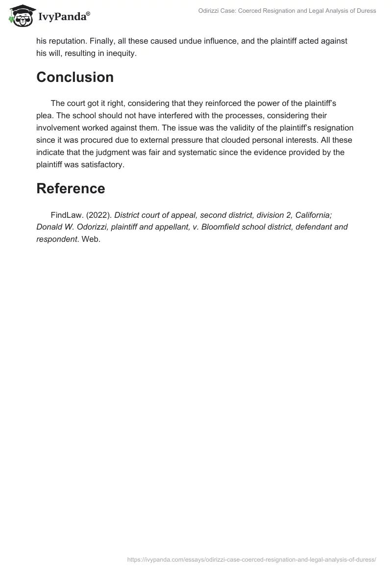 Odirizzi Case: Coerced Resignation and Legal Analysis of Duress. Page 2