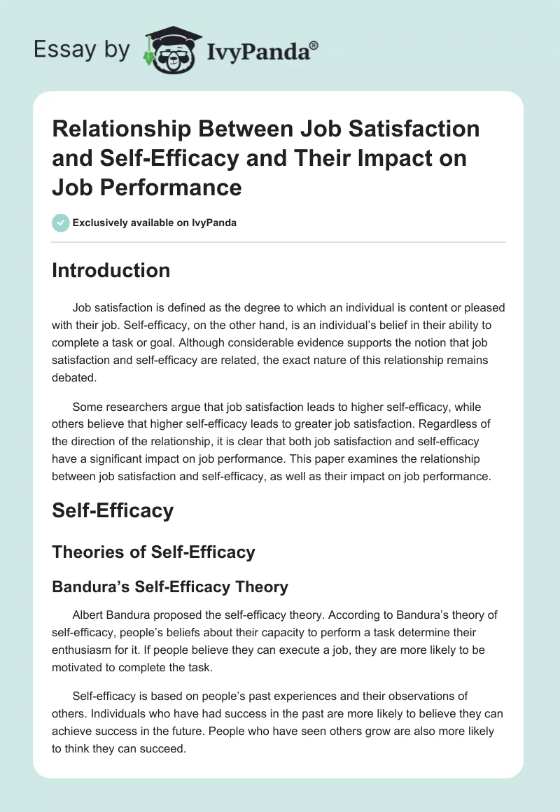 Relationship Between Job Satisfaction and Self-Efficacy and Their Impact on Job Performance. Page 1