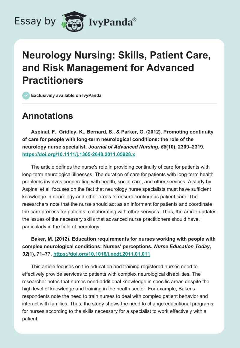 Neurology Nursing: Skills, Patient Care, and Risk Management for Advanced Practitioners. Page 1