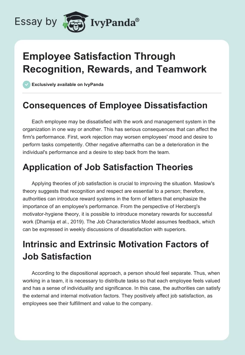 Employee Satisfaction Through Recognition, Rewards, and Teamwork. Page 1
