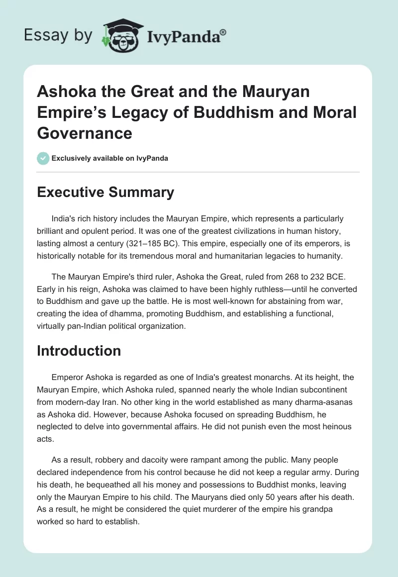 Ashoka the Great and the Mauryan Empire’s Legacy of Buddhism and Moral Governance. Page 1