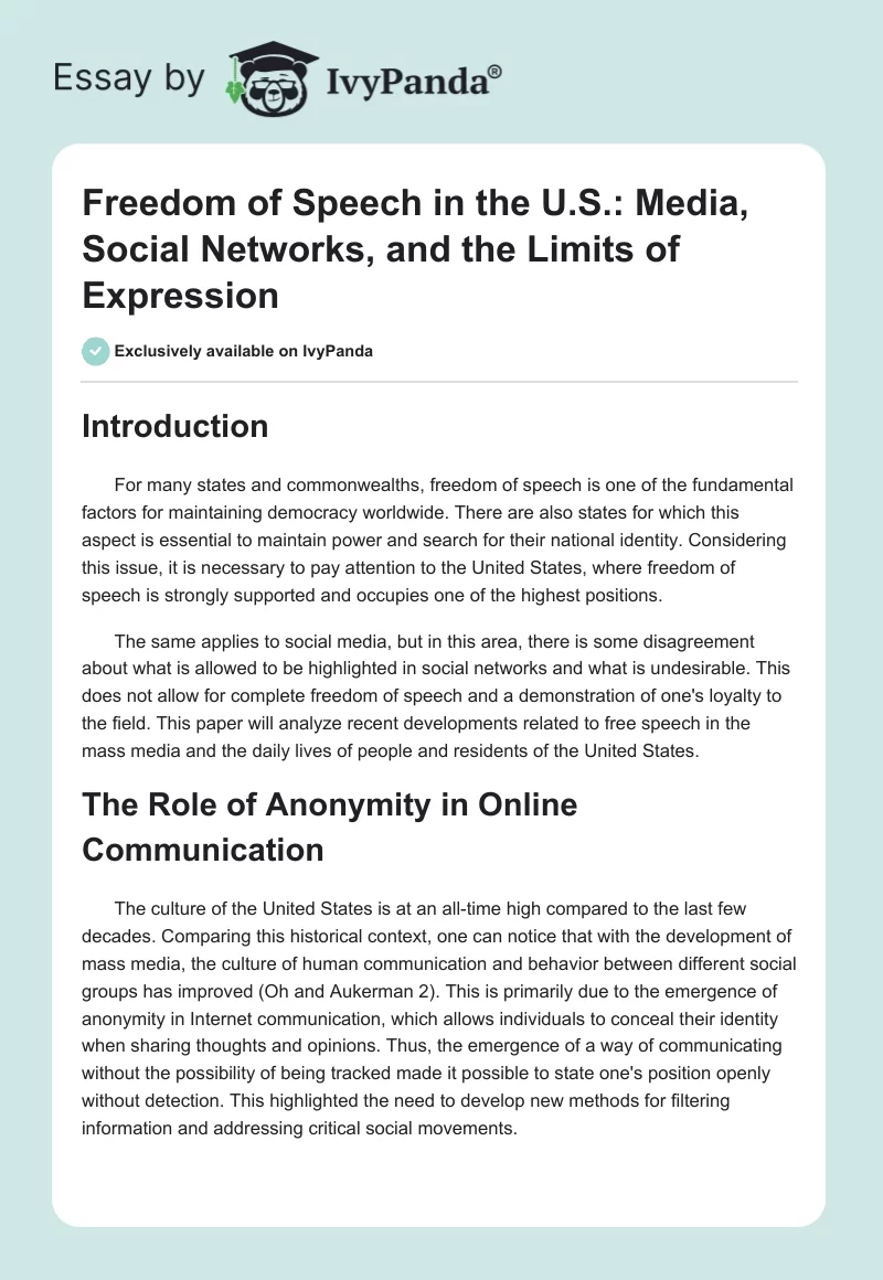 Freedom of Speech in the U.S.: Media, Social Networks, and the Limits of Expression. Page 1
