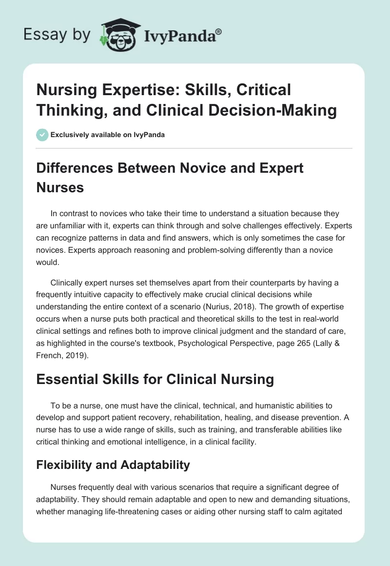 Nursing Expertise: Skills, Critical Thinking, and Clinical Decision-Making. Page 1