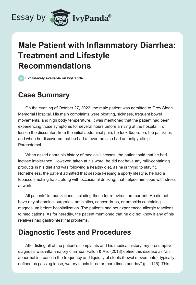 Male Patient with Inflammatory Diarrhea: Treatment and Lifestyle Recommendations. Page 1