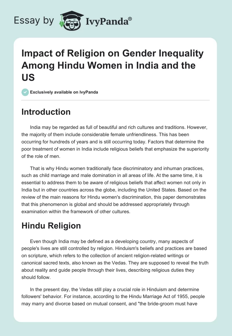 Impact of Religion on Gender Inequality Among Hindu Women in India and the US. Page 1