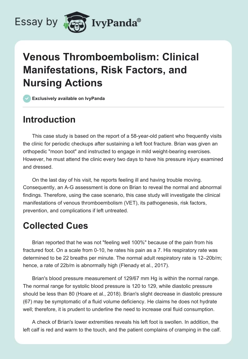 Venous Thromboembolism: Clinical Manifestations, Risk Factors, and Nursing Actions. Page 1