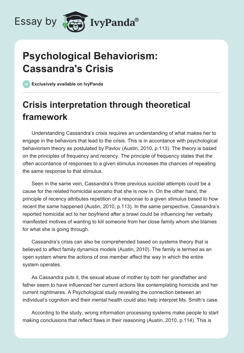 Psychological Behaviorism: Cassandra's Crisis. Page 1
