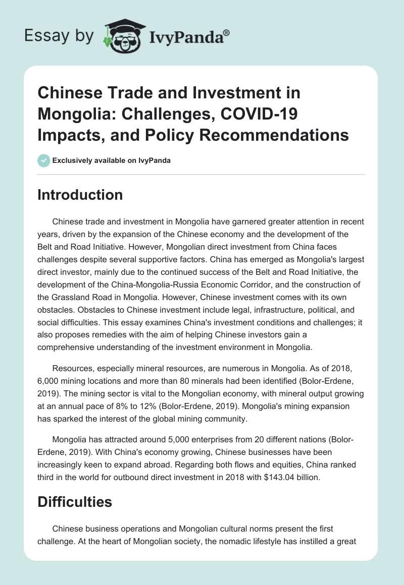 Chinese Trade and Investment in Mongolia: Challenges, COVID-19 Impacts, and Policy Recommendations. Page 1
