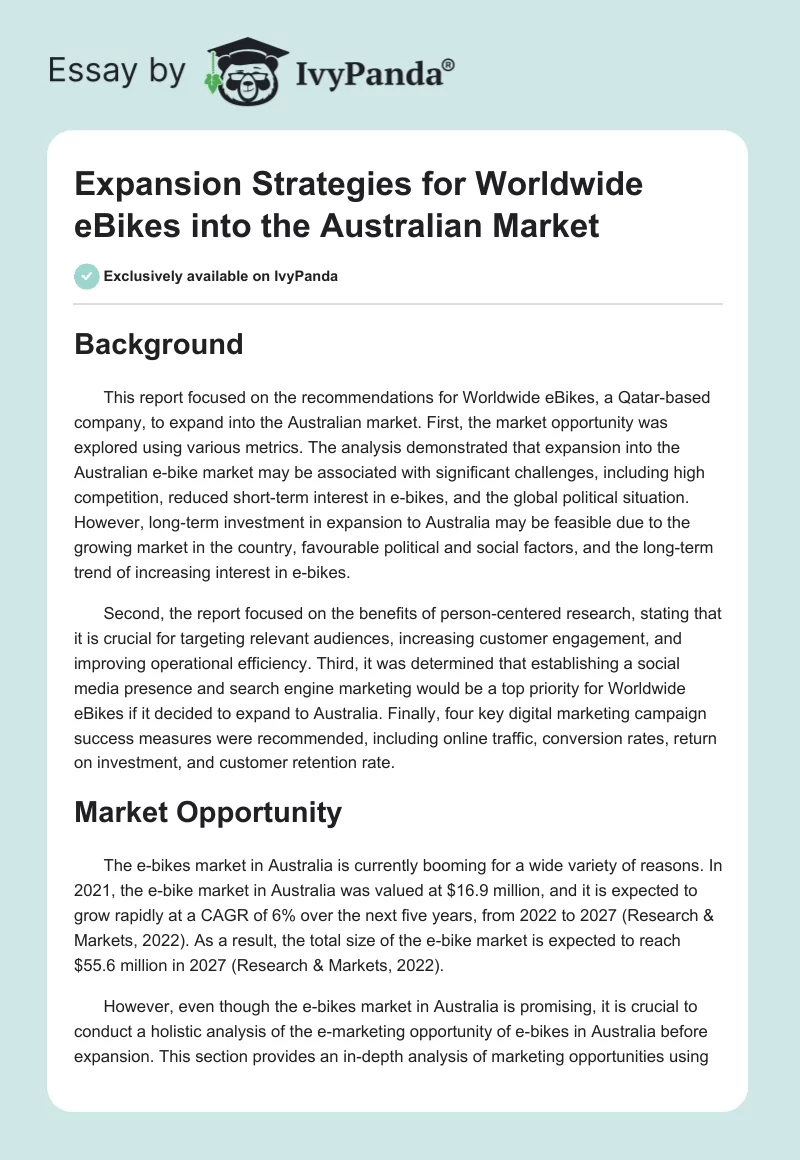 Expansion Strategies for Worldwide eBikes into the Australian Market. Page 1