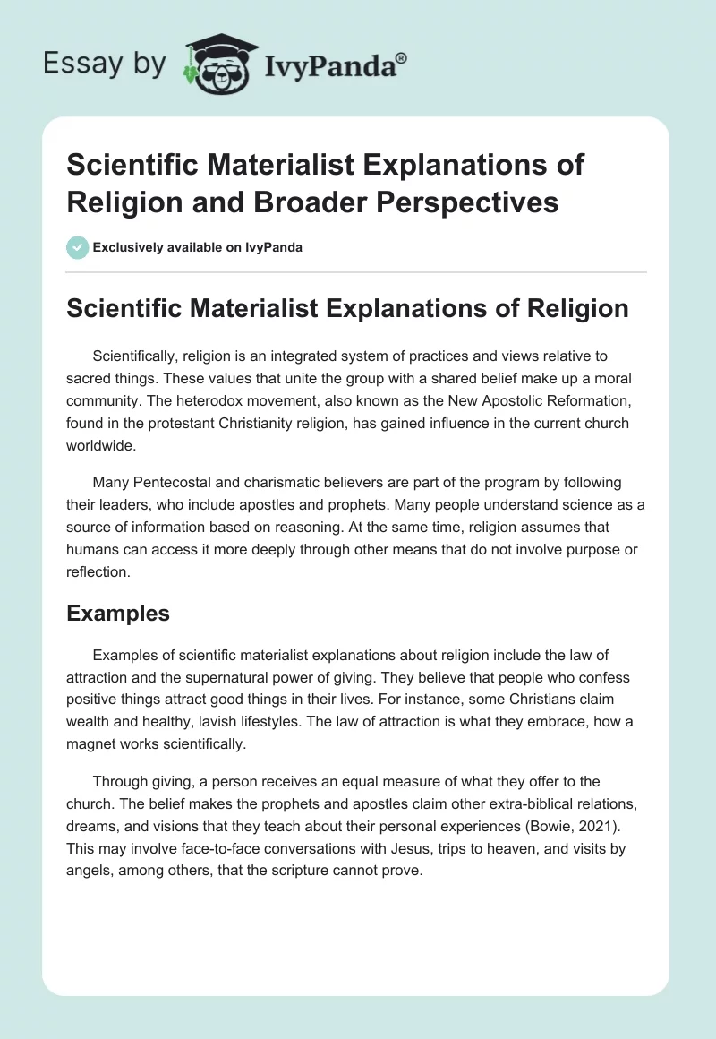 Scientific Materialist Explanations of Religion and Broader Perspectives. Page 1