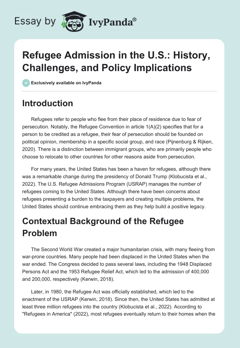 Refugee Admission in the U.S.: History, Challenges, and Policy Implications. Page 1