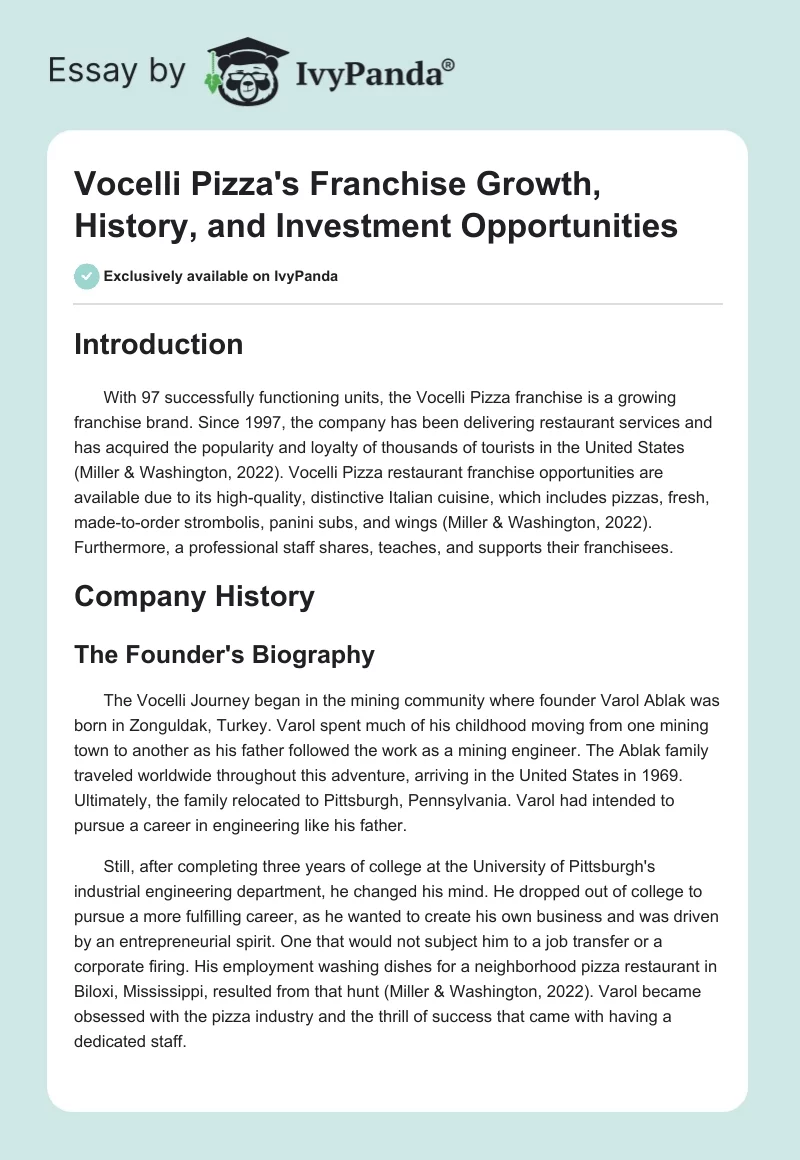 Vocelli Pizza's Franchise Growth, History, and Investment Opportunities. Page 1