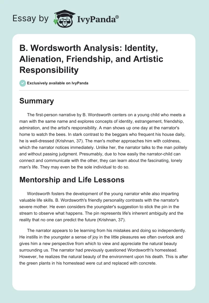 B. Wordsworth Analysis: Identity, Alienation, Friendship, and Artistic Responsibility. Page 1