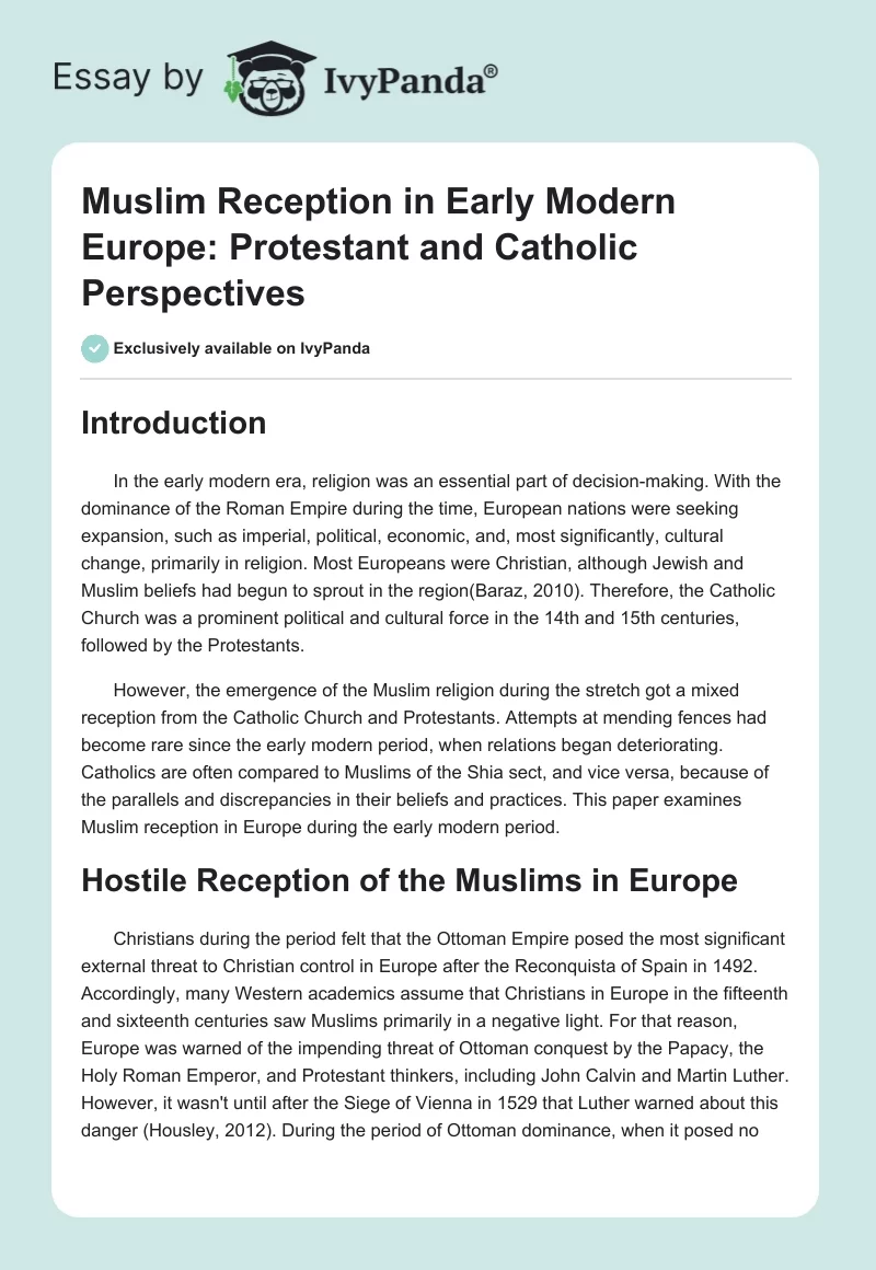 Muslim Reception in Early Modern Europe: Protestant and Catholic Perspectives. Page 1
