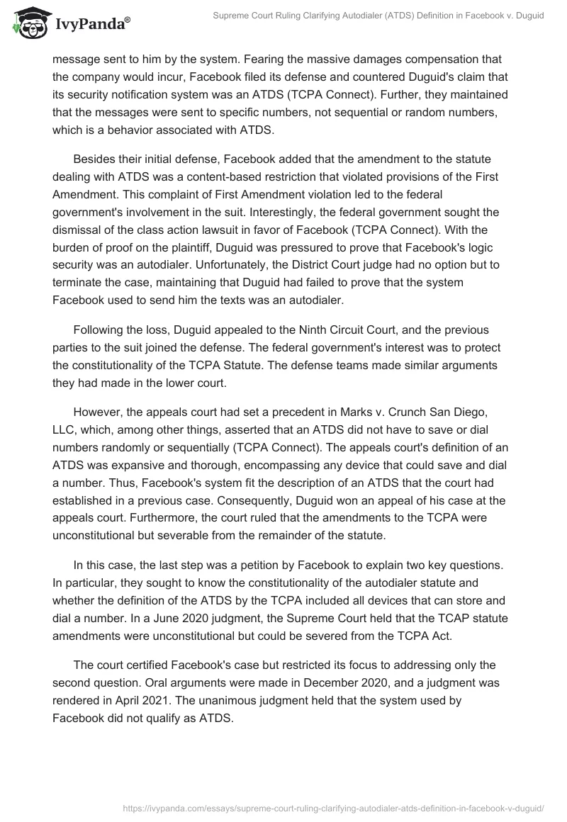 Supreme Court Ruling Clarifying Autodialer (ATDS) Definition in Facebook v. Duguid. Page 2