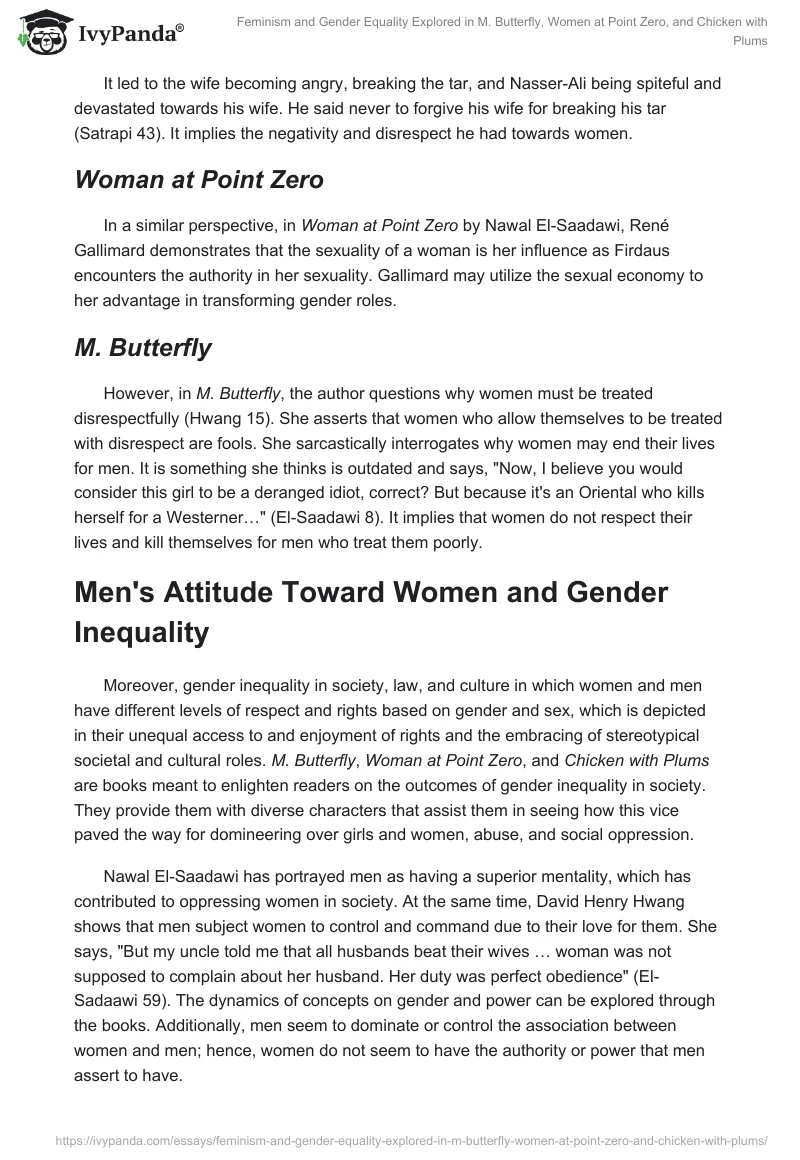Feminism and Gender Equality Explored in M. Butterfly, Women at Point Zero, and Chicken with Plums. Page 2