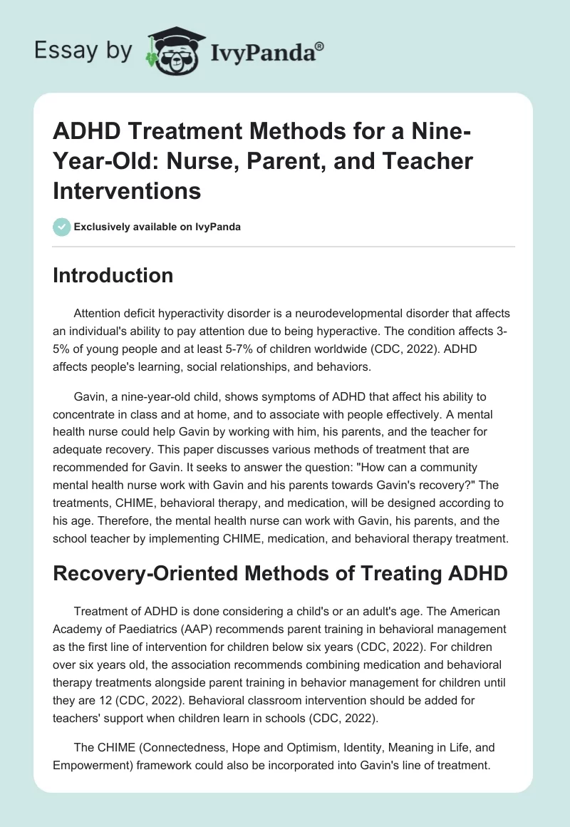 ADHD Treatment Methods for a Nine-Year-Old: Nurse, Parent, and Teacher Interventions. Page 1