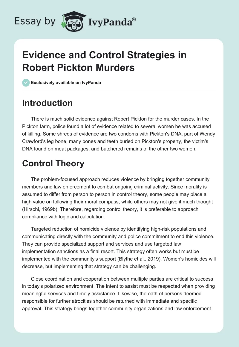 Evidence and Control Strategies in Robert Pickton Murders. Page 1