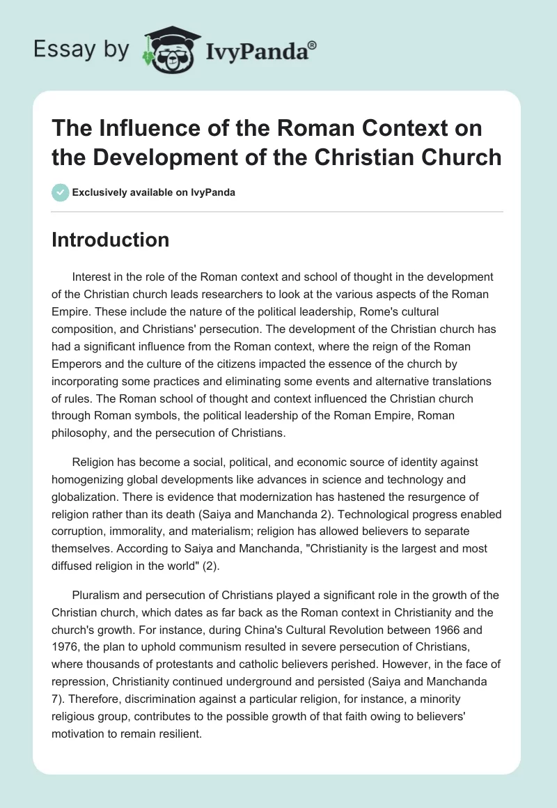 The Influence of the Roman Context on the Development of the Christian Church. Page 1
