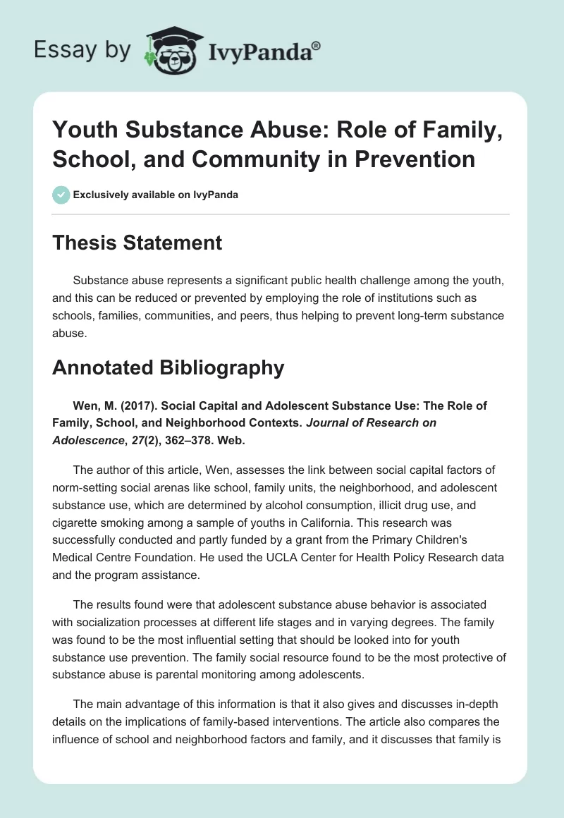 Youth Substance Abuse: Role of Family, School, and Community in Prevention. Page 1