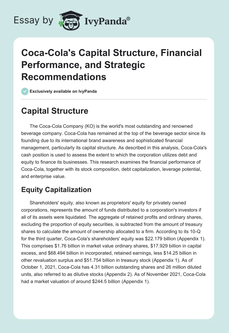 Coca-Cola's Capital Structure, Financial Performance, and Strategic Recommendations. Page 1