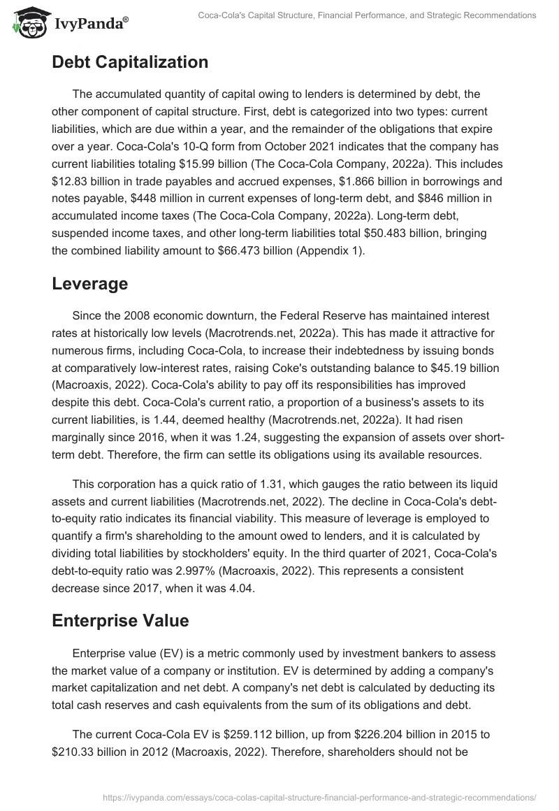 Coca-Cola's Capital Structure, Financial Performance, and Strategic Recommendations. Page 2