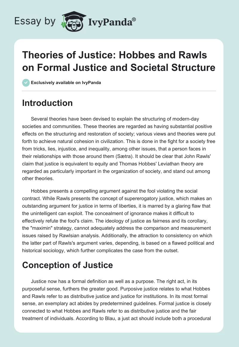 Theories of Justice: Hobbes and Rawls on Formal Justice and Societal Structure. Page 1