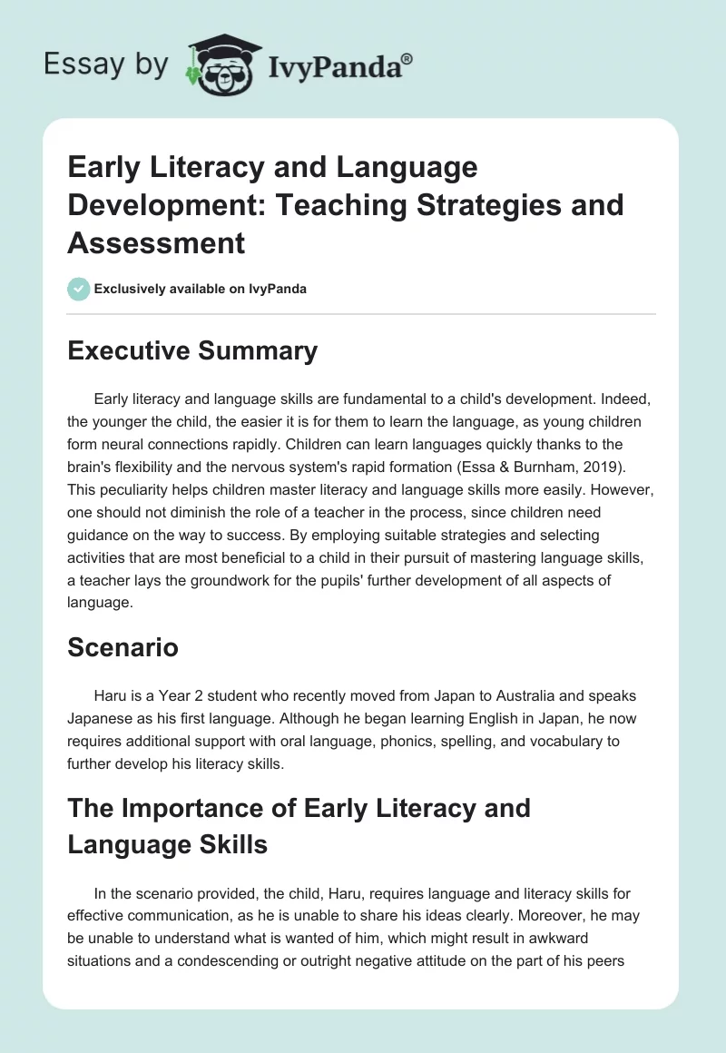 Early Literacy and Language Development: Teaching Strategies and Assessment. Page 1