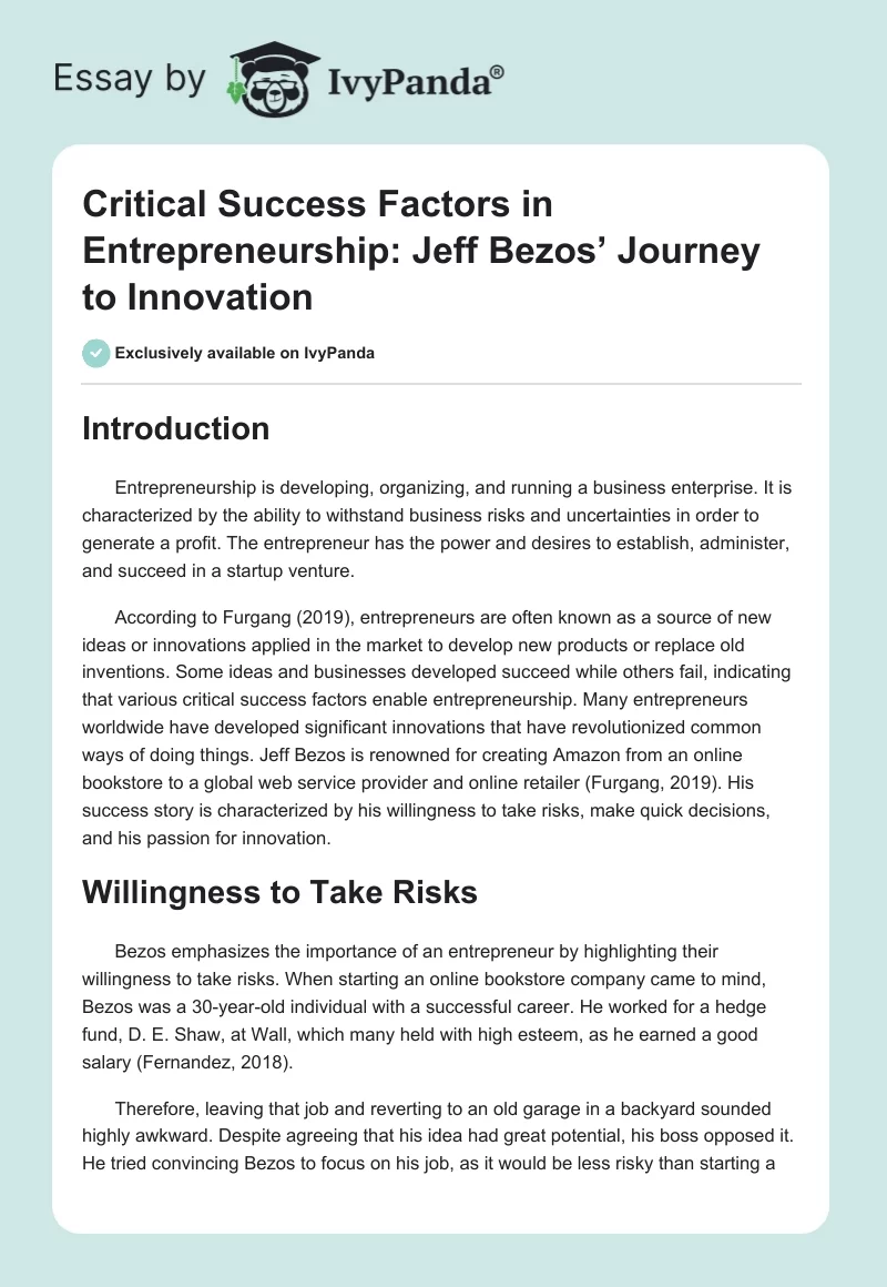 Critical Success Factors in Entrepreneurship: Jeff Bezos’ Journey to Innovation. Page 1