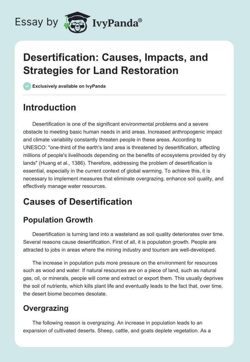 Desertification: Causes, Impacts, and Strategies for Land Restoration. Page 1