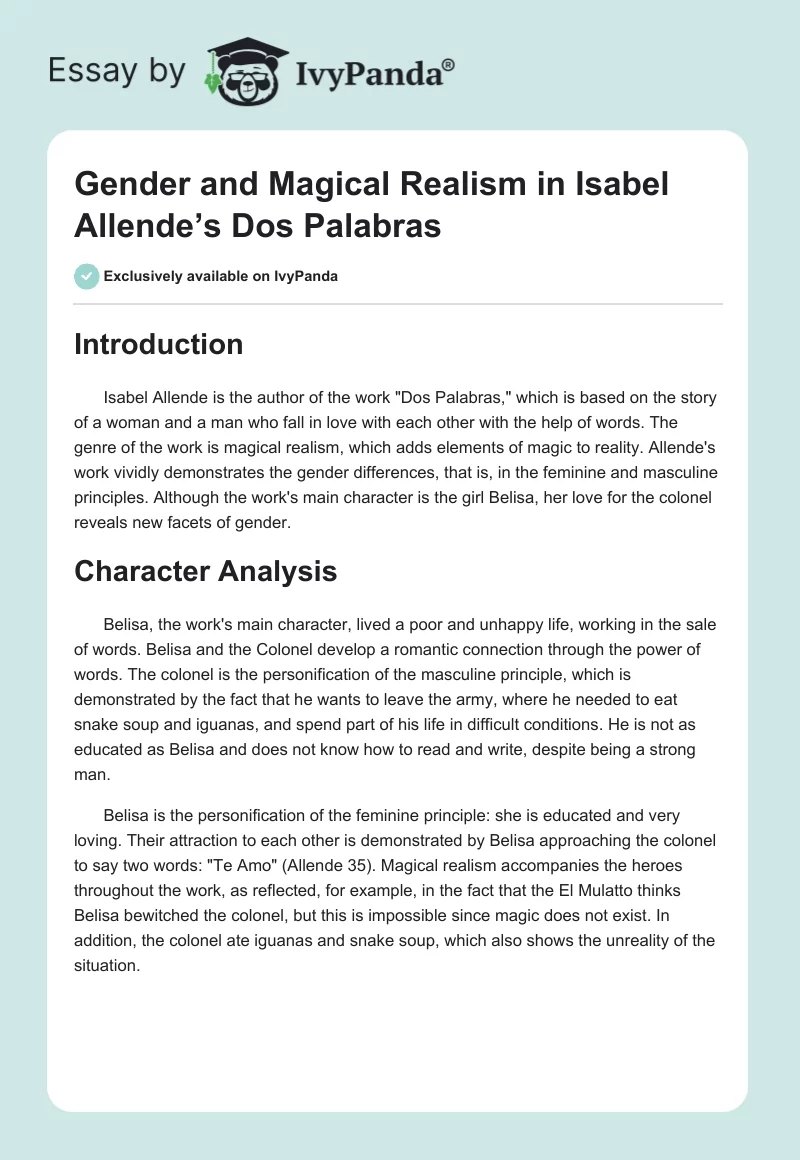Gender and Magical Realism in Isabel Allende’s Dos Palabras. Page 1