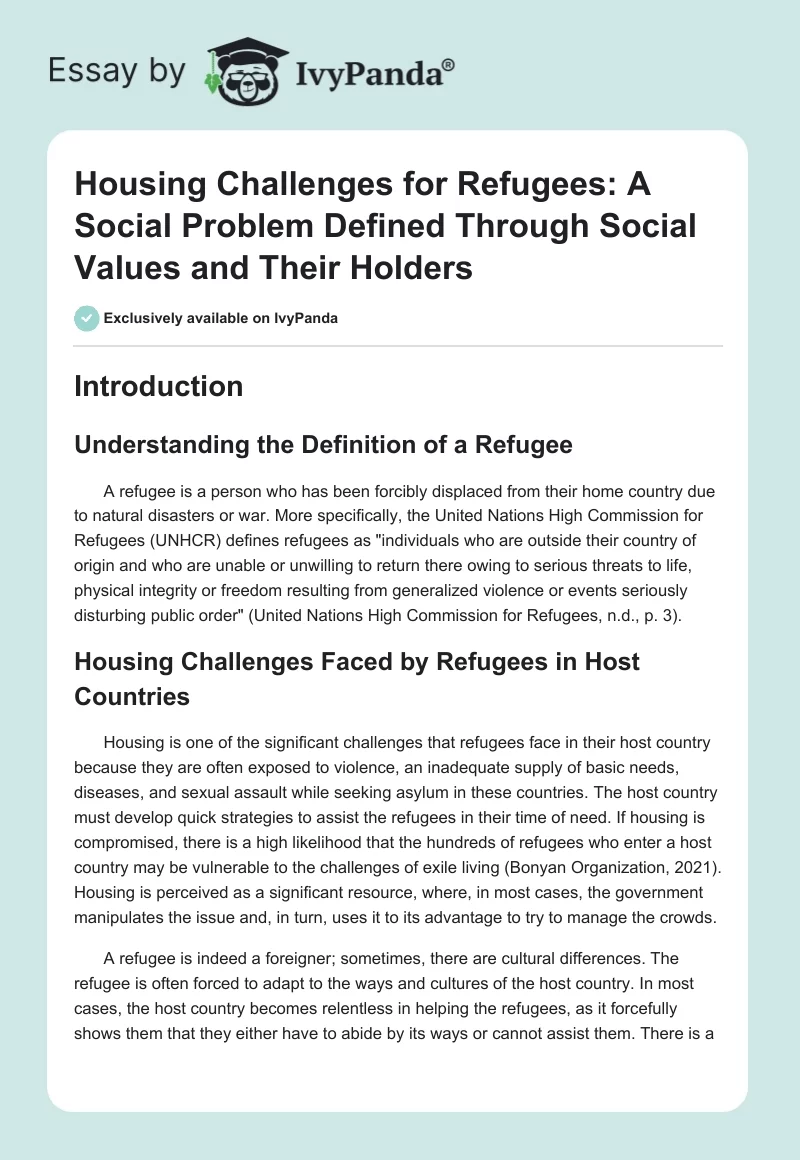 Housing Challenges for Refugees: A Social Problem Defined Through Social Values and Their Holders. Page 1