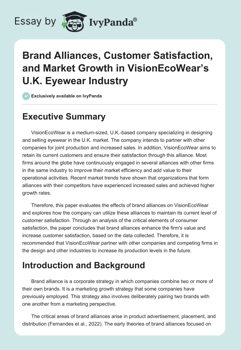 Brand Alliances, Customer Satisfaction, and Market Growth in VisionEcoWear’s U.K. Eyewear Industry. Page 1