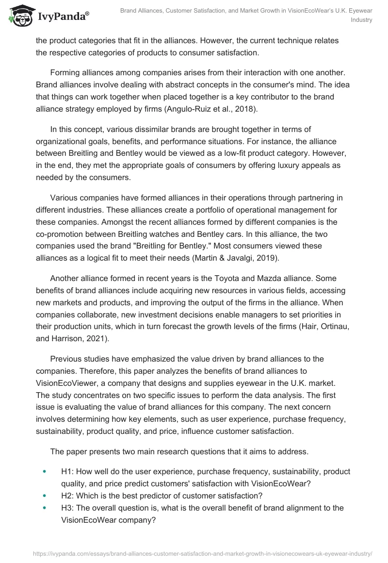 Brand Alliances, Customer Satisfaction, and Market Growth in VisionEcoWear’s U.K. Eyewear Industry. Page 2